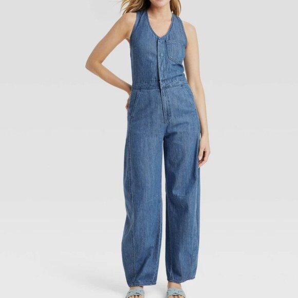 Universal Thread Curved Barrel Leg Jeans Denim Jumpsuit Overalls, Medium Wash 2 - Picture 11 of 11